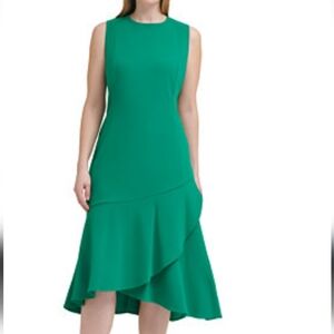 Calvin Klein Emerald Green Asymmetric Ruffle Hem Dress